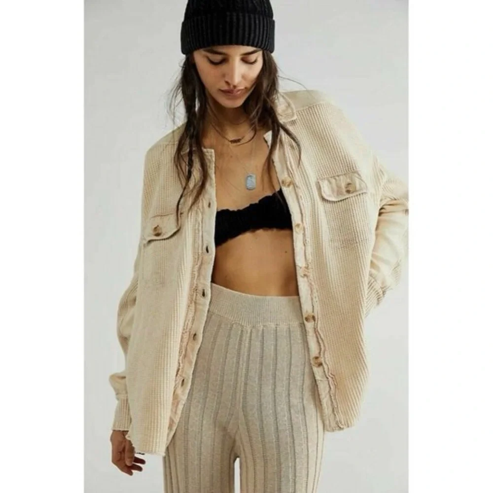 Free People One Scout Jacket Shacket Waffle Thermal Knit Slouchy Nude Sand - Picture 2 of 16